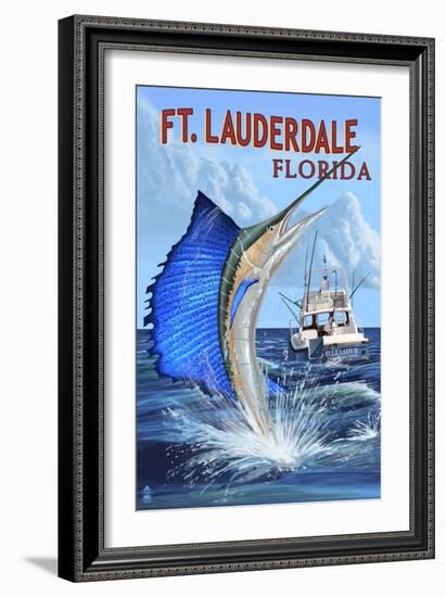 Ft. Lauderdale, Florida - Sailfish Scene-Lantern Press-Framed Art Print