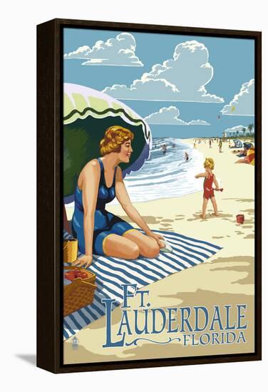 Ft. Lauderdale, Florida - Woman on the Beach-Lantern Press-Framed Stretched Canvas