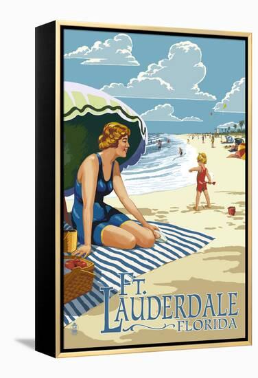 Ft. Lauderdale, Florida - Woman on the Beach-Lantern Press-Framed Stretched Canvas