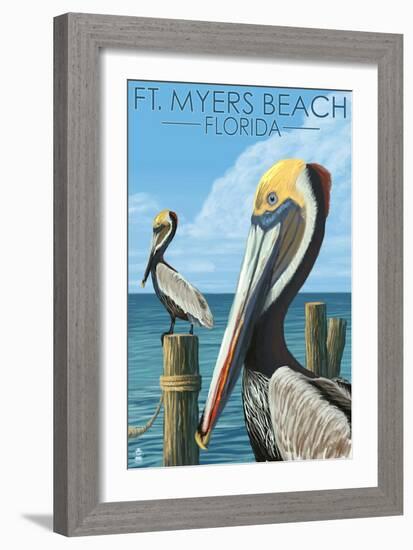 Ft. Myers Beach, Florida - Pelicans-Lantern Press-Framed Art Print