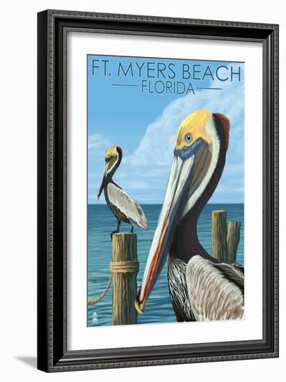 Ft. Myers Beach, Florida - Pelicans-Lantern Press-Framed Art Print