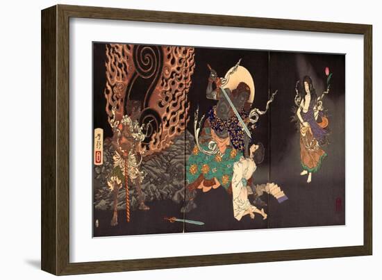 Fudô Threatening Yuten with His Sword-Yoshitoshi Tsukioka-Framed Premium Giclee Print