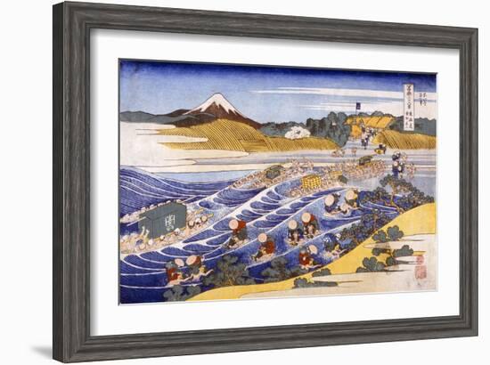 Fuji from the Ford at Kanaya (Colour Woodblock Print)-Katsushika Hokusai-Framed Giclee Print