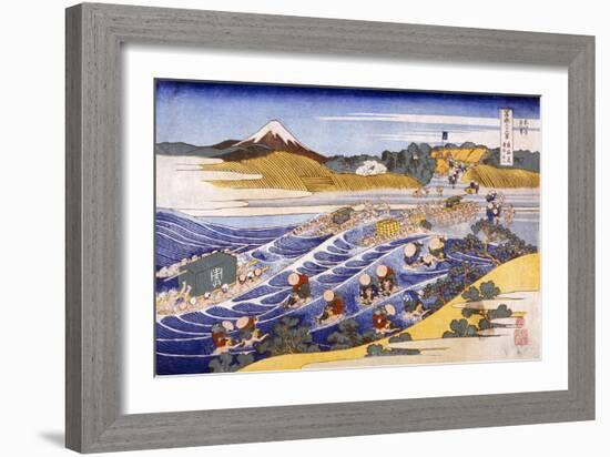 Fuji from the Ford at Kanaya (Colour Woodblock Print)-Katsushika Hokusai-Framed Giclee Print