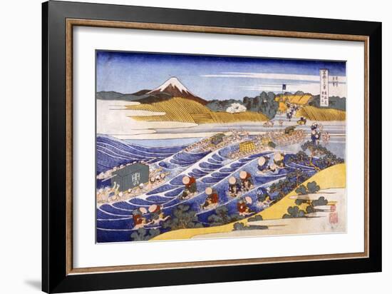 Fuji from the Ford at Kanaya (Colour Woodblock Print)-Katsushika Hokusai-Framed Giclee Print