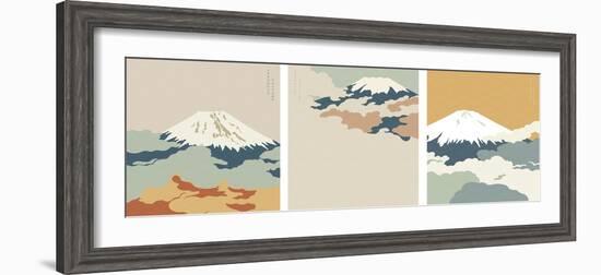 Fuji Mountain Background with Japanese Wave Pattern Vector. Cloud Template.-marukopum-Framed Photographic Print