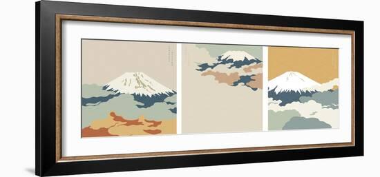 Fuji Mountain Background with Japanese Wave Pattern Vector. Cloud Template.-marukopum-Framed Photographic Print