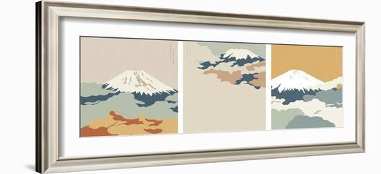 Fuji Mountain Background with Japanese Wave Pattern Vector. Cloud Template.-marukopum-Framed Photographic Print