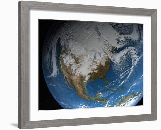 Ful Earth Showing Simulated Clouds Over North America-Stocktrek Images-Framed Photographic Print