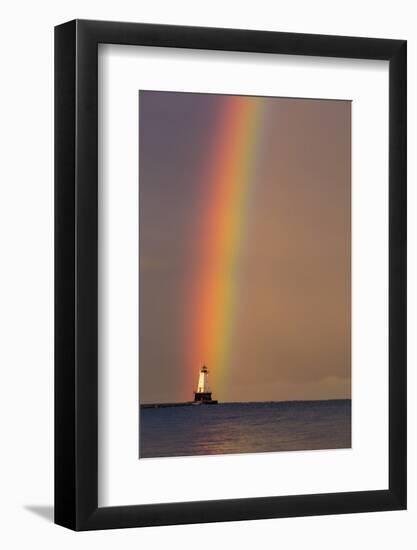 Full Arcing Rainbow over Lake Michigan and Ludington Lighthouse in Ludington, Michigan, Usa-Chuck Haney-Framed Photographic Print