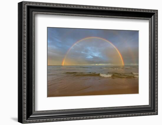 Full Arcing Rainbow over Lake Michigan and Ludington Lighthouse in Ludington, Michigan, Usa-Chuck Haney-Framed Photographic Print