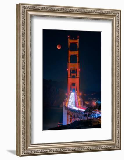 Full blood red moon rising over the Golden Gate Bridge in San Francisco, view from Battery Cranston-David Chang-Framed Photographic Print