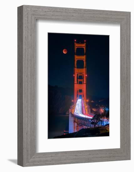 Full blood red moon rising over the Golden Gate Bridge in San Francisco, view from Battery Cranston-David Chang-Framed Photographic Print