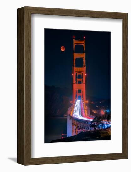 Full blood red moon rising over the Golden Gate Bridge in San Francisco, view from Battery Cranston-David Chang-Framed Photographic Print