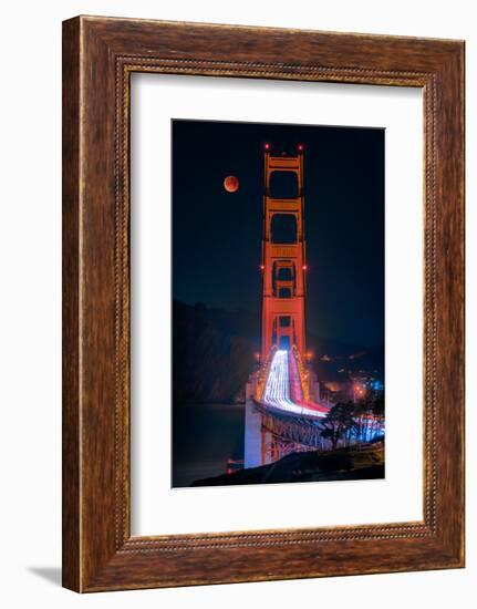 Full blood red moon rising over the Golden Gate Bridge in San Francisco, view from Battery Cranston-David Chang-Framed Photographic Print