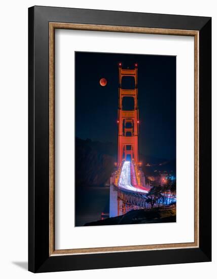 Full blood red moon rising over the Golden Gate Bridge in San Francisco, view from Battery Cranston-David Chang-Framed Photographic Print