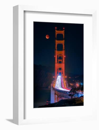 Full blood red moon rising over the Golden Gate Bridge in San Francisco, view from Battery Cranston-David Chang-Framed Photographic Print