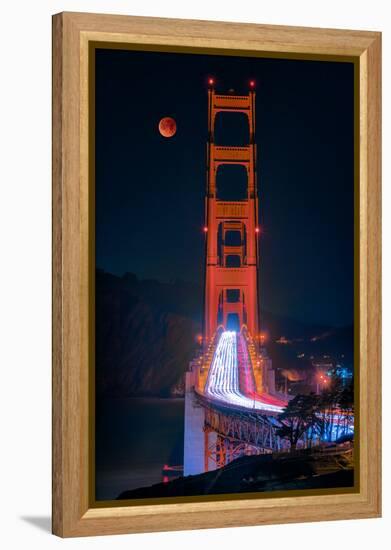 Full blood red moon rising over the Golden Gate Bridge in San Francisco, view from Battery Cranston-David Chang-Framed Premier Image Canvas