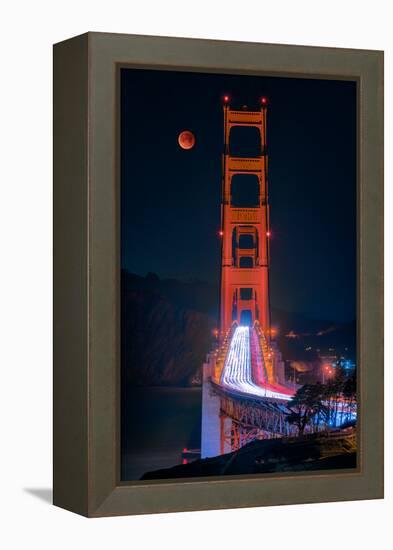 Full blood red moon rising over the Golden Gate Bridge in San Francisco, view from Battery Cranston-David Chang-Framed Premier Image Canvas