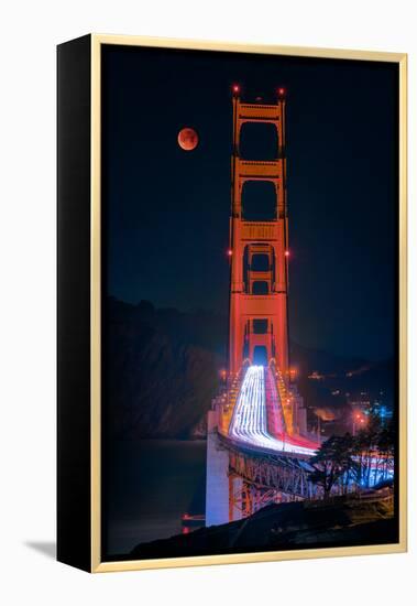 Full blood red moon rising over the Golden Gate Bridge in San Francisco, view from Battery Cranston-David Chang-Framed Premier Image Canvas