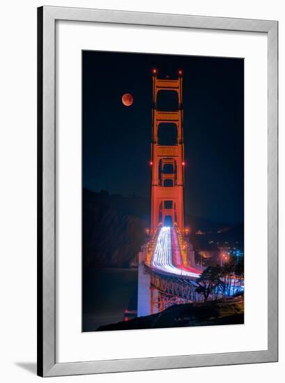 Full blood red moon rising over the Golden Gate Bridge in San Francisco, view from Battery Cranston-David Chang-Framed Photographic Print