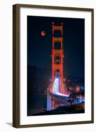 Full blood red moon rising over the Golden Gate Bridge in San Francisco, view from Battery Cranston-David Chang-Framed Photographic Print