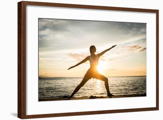 Full Length Side View of the Silhouette of a Fit Woman Practicing the Warrior Yoga Pose against Sky-Kzenon-Framed Photographic Print