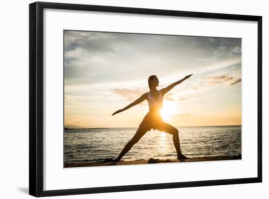 Full Length Side View of the Silhouette of a Fit Woman Practicing the Warrior Yoga Pose against Sky-Kzenon-Framed Photographic Print