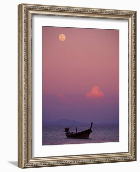 Full Moon and Sunset Behind Fishing Boat, Phi Phi Island, Thailand-Claudia Adams-Framed Photographic Print