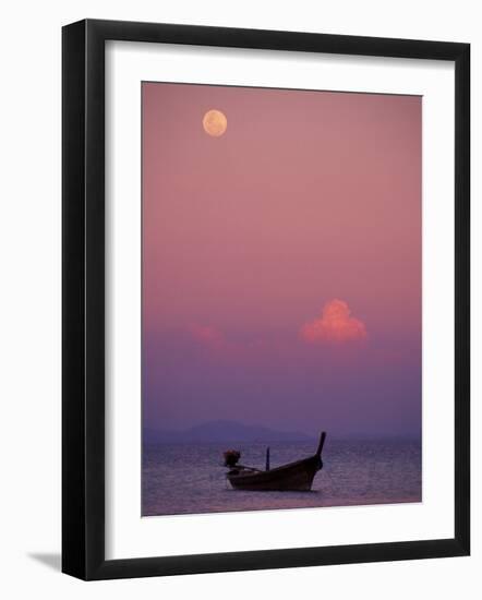 Full Moon and Sunset Behind Fishing Boat, Phi Phi Island, Thailand-Claudia Adams-Framed Photographic Print