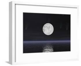 Full Moon on a Dark Night with Stars and Comets over the Ocean-null-Framed Art Print