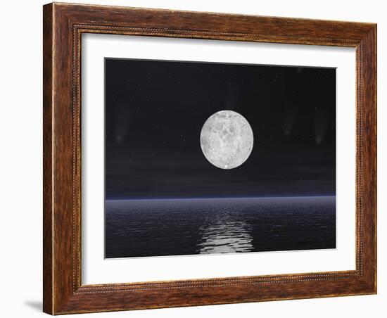 Full Moon on a Dark Night with Stars and Comets over the Ocean-null-Framed Art Print