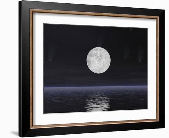 Full Moon on a Dark Night with Stars and Comets over the Ocean-null-Framed Art Print