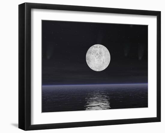 Full Moon on a Dark Night with Stars and Comets over the Ocean-null-Framed Art Print