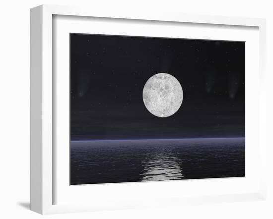 Full Moon on a Dark Night with Stars and Comets over the Ocean--Framed Art Print