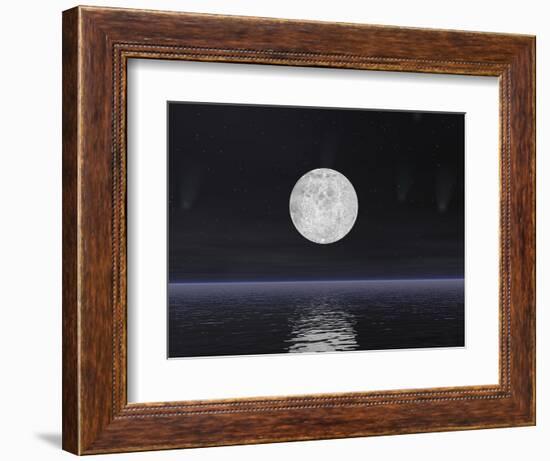 Full Moon on a Dark Night with Stars and Comets over the Ocean-null-Framed Premium Giclee Print