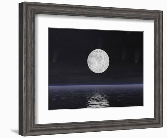 Full Moon on a Dark Night with Stars and Comets over the Ocean-null-Framed Art Print