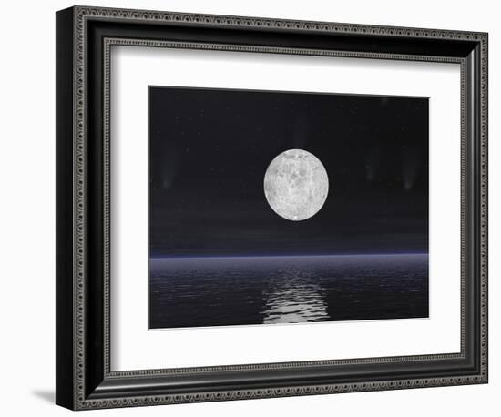 Full Moon on a Dark Night with Stars and Comets over the Ocean-null-Framed Art Print