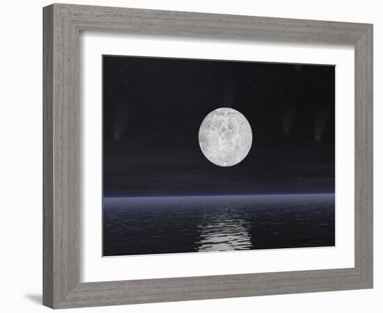 Full Moon on a Dark Night with Stars and Comets over the Ocean-null-Framed Premium Giclee Print