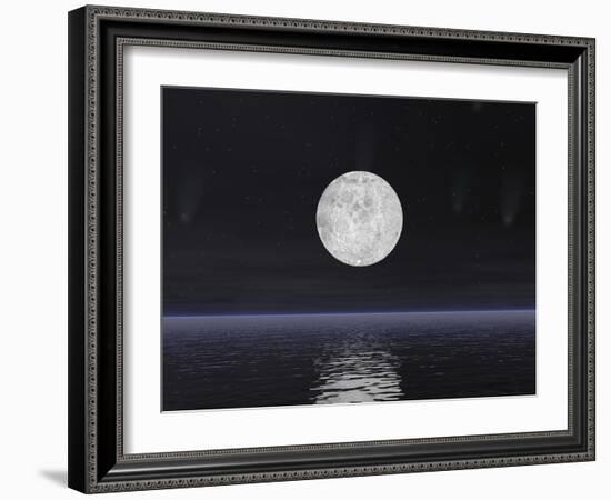 Full Moon on a Dark Night with Stars and Comets over the Ocean-null-Framed Premium Giclee Print