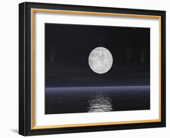 Full Moon on a Dark Night with Stars and Comets over the Ocean-null-Framed Premium Giclee Print