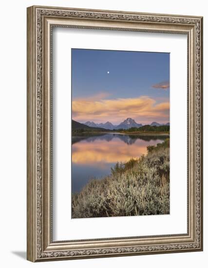 Full moon, orange clouds at Oxbow Bend at sunrise, Grand Teton National Park, Wyoming.-Alan Majchrowicz-Framed Photographic Print