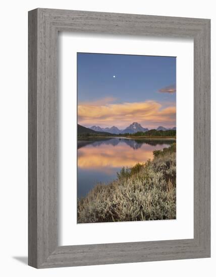 Full moon, orange clouds at Oxbow Bend at sunrise, Grand Teton National Park, Wyoming.-Alan Majchrowicz-Framed Photographic Print