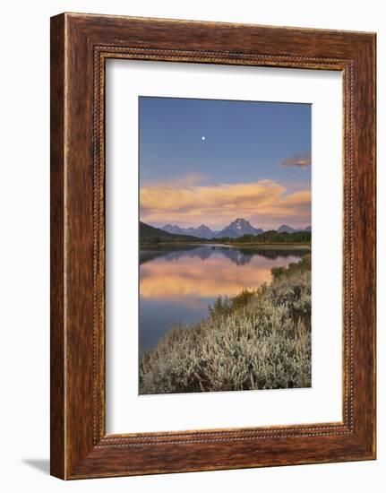 Full moon, orange clouds at Oxbow Bend at sunrise, Grand Teton National Park, Wyoming.-Alan Majchrowicz-Framed Photographic Print
