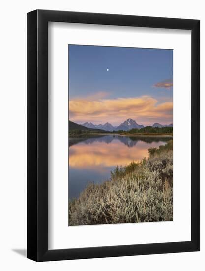 Full moon, orange clouds at Oxbow Bend at sunrise, Grand Teton National Park, Wyoming.-Alan Majchrowicz-Framed Photographic Print