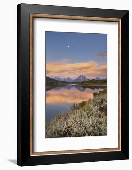 Full moon, orange clouds at Oxbow Bend at sunrise, Grand Teton National Park, Wyoming.-Alan Majchrowicz-Framed Photographic Print