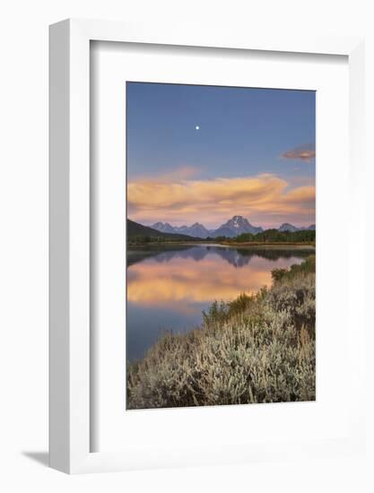 Full moon, orange clouds at Oxbow Bend at sunrise, Grand Teton National Park, Wyoming.-Alan Majchrowicz-Framed Photographic Print