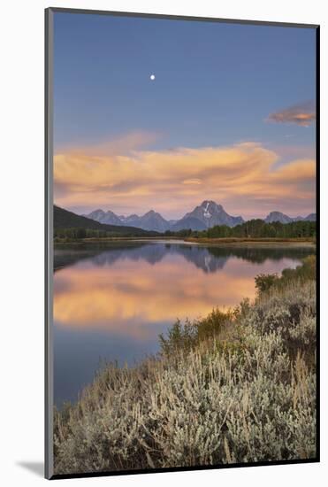 Full moon, orange clouds at Oxbow Bend at sunrise, Grand Teton National Park, Wyoming.-Alan Majchrowicz-Mounted Photographic Print