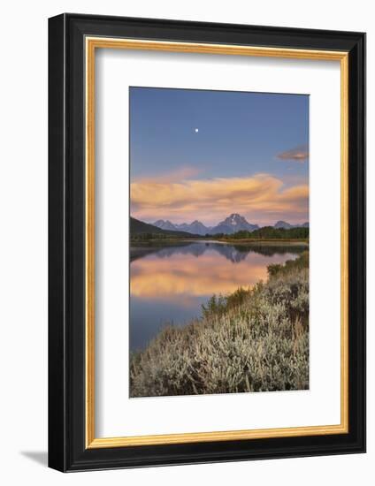 Full moon, orange clouds at Oxbow Bend at sunrise, Grand Teton National Park, Wyoming.-Alan Majchrowicz-Framed Photographic Print