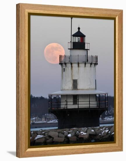 Full Moon Rises Behind the Spring Point Light House in South Portland, Maine-null-Framed Premier Image Canvas